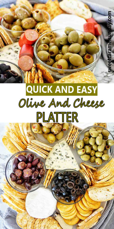 Olives, crackers, cheese, bread and cabanossi pieces on platter with text written between 2 images. Cheese Cracker Olive Platter, Olive Board Appetizers, Olive And Cheese Platter, Cheese And Olive Board, Pickles Olives Cheese Tray, Cheese And Pickle Tray, Cheese And Olive Tray Ideas, Olive Tray Appetizer Ideas, Pickle And Olive Tray Ideas