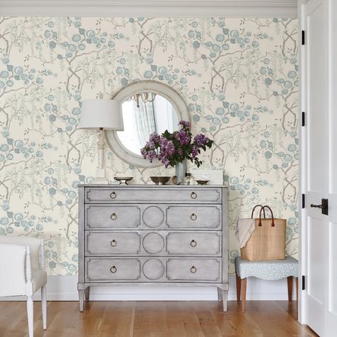 Peony Tree Aqua Wallpaper | Sarah Style Peony Tree, Sarah Richardson Design, Ogee Pattern, Media Consoles, Sarah Richardson, A Street Prints, Dinner Ware, Aqua Wallpaper, Tv Units