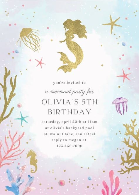 Mermaid Theme Invitation, Mermaid Background Invitation, Invitation Card Design Mermaid, Mermaid Theme Invitation Template, Ariel Invitations Print, Digital Invitations Design, Birthday Invitation Design, Mermaid Birthday Party Invitations, Mermaid Invitations