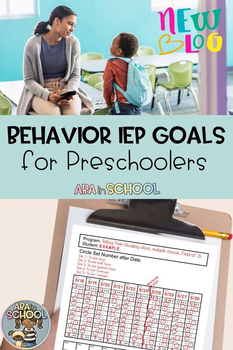 Ideas and sample IEP behavior behavior goals for preschoolers including cooperation, attention-seeking behavior, and other functions of behavior. Follow ABA in School for more ideas. Goals For Preschoolers, Functions Of Behavior, Brain Development Children, Goals For Students, Preschool Behavior, Behavior Intervention Plan, Behavior Goals, Data Collection Sheets, Attention Seeking Behavior