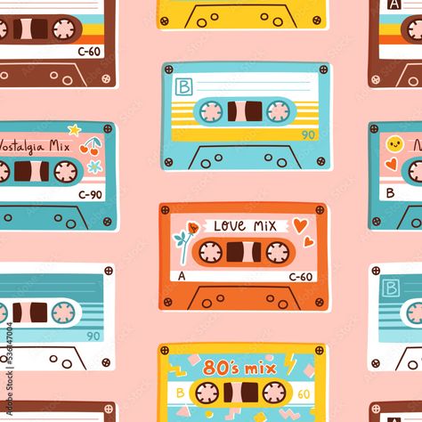 Cassette Tape Illustration, Casette Illustration, Mixtape Illustration, Cassette Illustration, Tape Illustration, Object Illustration, Ipad Procreate, 90s Retro, Seamless Pattern Vector