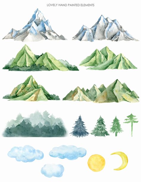 Mountain Clipart, Mountain Drawing, Png Elements, Watercolor Mountains, Seni Cat Air, 수채화 그림, Watercolor Art Lessons, Lukisan Cat Air, Mountain Paintings