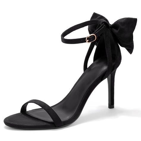 PRICES MAY VARY. 👣【Features】The toe strap is too tight, it is recommended that you take one size or 0.5 size larger than your usual size!Open Toe, microfiber, stiletto, bow tie knot, ankle strap, high heels heeled sandals.The back of the bow decoration design, is a classic and versatile high-heeled sandals! 👣【Design】 Heel Height:3.34" (approx), Platform Measures: 0.25"(approx).The slip-on design is easy to put on and take off.The insole conforms to the natural curve of the foot and provides su Black Wrap Up Heels, Black Heels With Bow On Back, Black Tie Heels, High Heels For Homecoming, Black Mini Heels, Black Hoco Heels, Black Hoco Dress With Colored Heels, Black Dress Colored Heels, Black Dress With Colored Heels