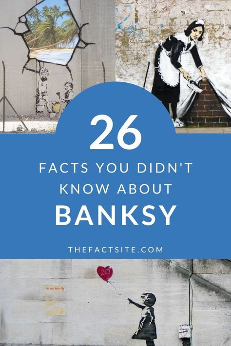 Banksy is an English anonymous graffiti artist who has gained popularity across the globe. His satirical art work is a mix of dark humor and subversion. We’ve put together 25 totally cool facts that you might not know about this genius. Come check them out. #TheFactSite #Facts #Art #Banksy #StreetArt #Graffiti #Artists Bansky Banksy Street Art, Banksy Art Lesson, Street Artists At Work, How To Make Graffiti Art, Banksy Art Projects For Kids, Diy Wall Pattern, Satirical Art, Banksy Quotes, Controversial Art