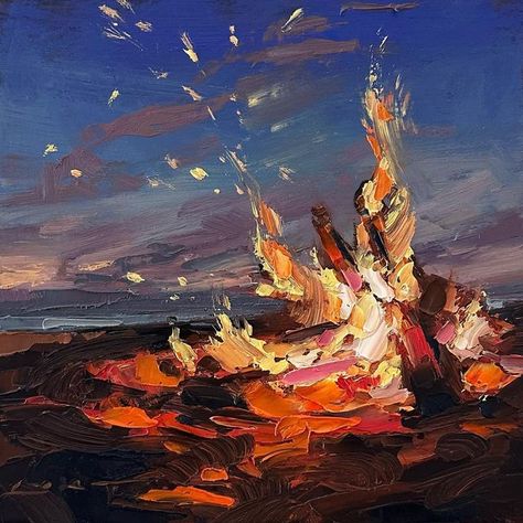 Chris Long on Instagram: "Driftwood Beach Fire 6”x6” Oil on wood panel Available originals can be found on my website: chrislongpainter.com (link in profile) . #campfire🔥 #artistsoninstagram #contemporaryart #longpainter #abstractlandscape #allaprima #dailypainter #oilpainting #landscapepainting #artoftheday #dailypainting #nocturnepainting" Fire Pit Painting, Painting Campfire, Fire At The Beach, Fire Oil Painting, Campfire Painting, Fire Paintings, Painting Fire, Igcse Art, Alevel Art