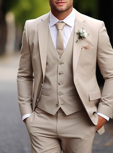 Groom In Beige Suit, Wedding Suits Groom And Groomsmen, Bride And Groom Tan Suit, Light Brown Groom Suit, Beige Wedding Suit Groom Attire, Nude Groomsmen Suits, Champagne Tuxedo Wedding, Nude Suit Men, Wedding Suits Men Beige