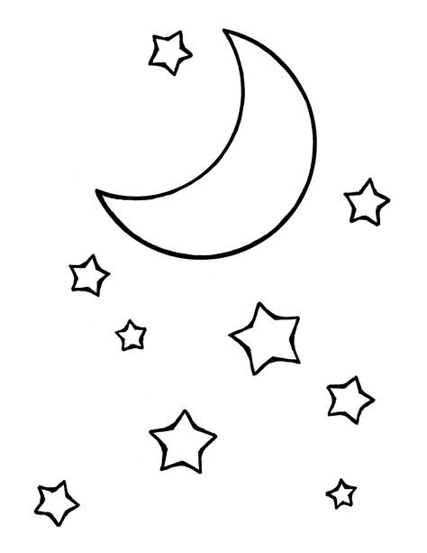 A line drawing of the moon and stars from the nursery manual Behold Your Little Ones (2008), page 35. Moon For Kids, Moon Coloring Pages, Drawing Stars, Star Coloring Pages, Star Clipart, Ramadan Activities, Star Illustration, Star Template, Shape Templates