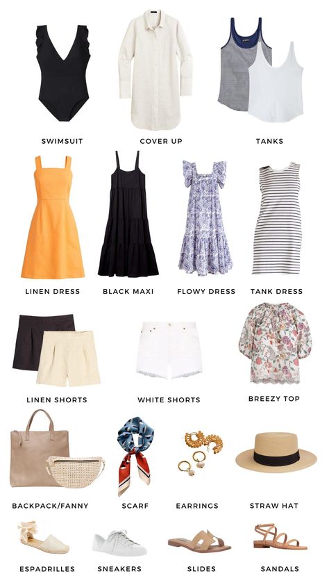 Packing Summer Europe, 10 Day Packing List Europe Summer, Summer In Austria Outfits, Switzerland Packing List Summer, Summer Europe Packing List, Carry On Capsule Wardrobe Summer, Europe Carry On Packing, Europe Summer Outfits 2024, Casual Europe Outfits