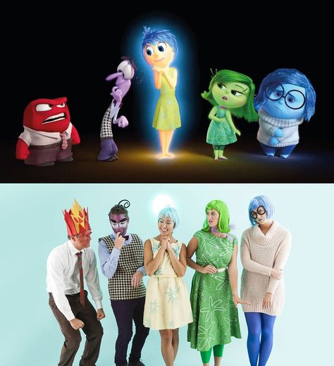 How to Make Inside Out Characters for an Epic Group Halloween Costume via Brit + Co. Group Of 6 Halloween Costumes, Unique Group Costume Ideas, Group Halloween Costumes For 6, Diy Disney Costume, Inside Out Costume, Diy Group Halloween Costumes, Halloween Group, Cute Group Halloween Costumes, Teen Halloween