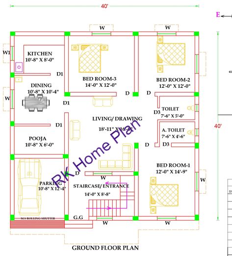 3 Bhk House Plan, Ghar Ka Naksha, Indian House Exterior Design, South Facing House, House Plan Design, Indian House Plans, Little House Plans, Building Plans House, Room Details