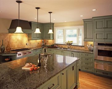 Kitchen with green cabinets - Sonoma Vintage Cabinets Sage Green Cabinets Dark Counter, Green Kitchen Cabinets Dark Counter, Sage Kitchen, Dark Counters, Kitchen Ventilation, Sage Green Kitchen, Painting Wood Furniture, Black Appliances, Green Kitchen Cabinets