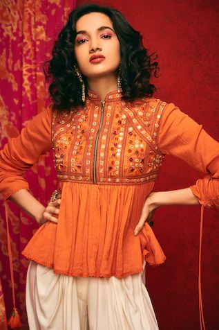 Front Zip Blouse Design, Zip Blouse Design, Drawstring Sleeve, Luxury Sale, Orange Top, Top For Women, Online Tops, Indian Design, Mandarin Collar