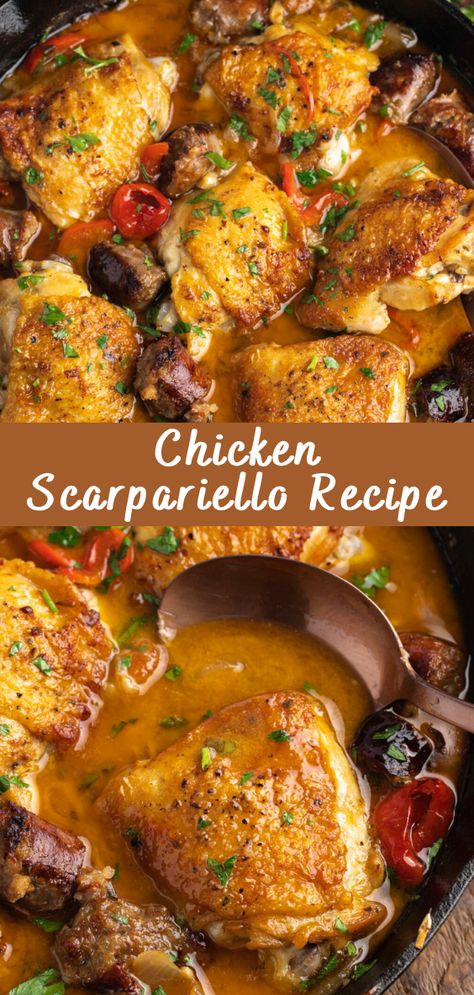 Chicken Scarpariello Recipe | Cheff Recipes Chicken Scarpiello Recipe, Chicken Caccatorie Recipes, Traditional Italian Chicken Dishes, One Pot Recipes Chicken, Tangy Chicken Recipes, Italian Dish Recipes, Sicilian Dinner Recipes, Chicken Scaparielo, Italian Chicken And Peppers