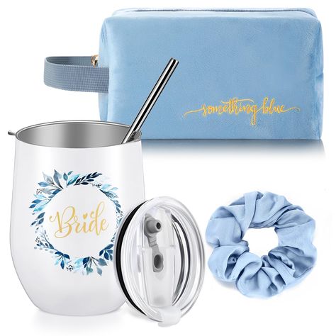 PRICES MAY VARY. Bride Wedding Gift Set: there is 1 something blue insulated tumbler, 1 something blue bridal cosmetic bag and 1 something blue hair scrunchie, adequate and varied combination being the ideal gifts for the bride Versatile and Multiple Uses: these something blue wedding gifts for bride can be widely applied for weddings, bridal showers, bachelorette parties, proposals, anniversaries, engagements or other gift giving occasions to give them an unexpected surprise, show your care and Bride Tumbler Cup, Something Blue Wedding Gift, Gifts To Bride, Bride Tumbler, Wedding Gift For Bride, Bride Sign, Hamptons Wedding, Flowers Bride, Something Blue Bridal