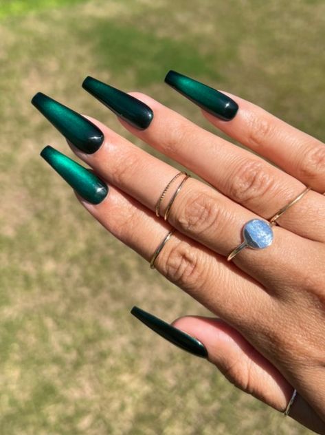 Tinted Cat Eye Polish Green Velvet Glossy Matte - Etsy Australia Kylie Jenner Green Nails, Gem Green Nails, Phthalo Green Nails, Cat Eye Nails Matte, Velvet Green Nails, Emerald Cat Eye Nails, Midnight Green Nails, Green Inspo Nails, Green Cateye Nail