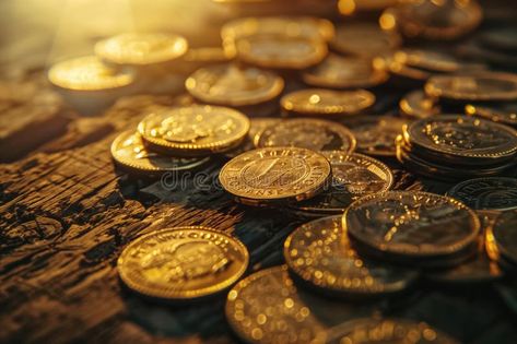 Golden Coins Illuminated by Soft Sunlight - Richness and Treasure. A beautiful depiction of prosperity with gleaming gold coins in sunlight, symboli Gold Coin Aesthetic, Treasure Photo, Chocolate Gold Coins, Golden Coins, Golden Coin, Gold Coin, Gold Coins, Economics, Coin