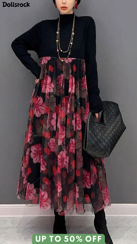 Women Red Print Stand Collar Patchwork Tulle Knit Long Dress Spring Knit Long Dress, Stand Collar Dress, Funky Dresses, Long Knitted Dress, Funky Outfits, Dress Spring, Girls Fashion Clothes, Bohemian Clothes, Casual Fall Outfits