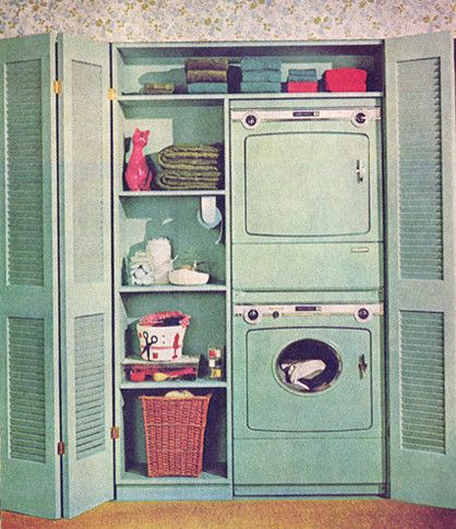 Retro Laundry Room, Vintage Washing Machine, Upholstered Box Springs, Vintage Laundry Room, Stackable Washer And Dryer, Vintage Appliances, Vintage Interior Design, Vintage Laundry, Century Decor