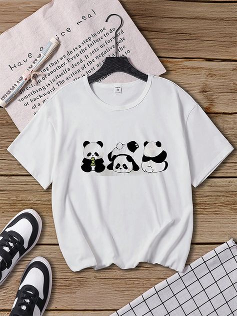 Young Girl Cute & Fun Panda Pattern Casual And Comfortable Round Neck Short Sleeve T-Shirt, Summer White Casual  Short Sleeve Knitted Fabric Animal,Cartoon,Geometric  Non-Stretch  Young Girls Clothing, size features are:Bust: ,Length: ,Sleeve Length: Panda Pattern, Thermal Hoodie, Panda Print, Drop Shoulder Tee, Knit Men, Animal Cartoon, Summer White, Fabric Animals, Knit Leggings