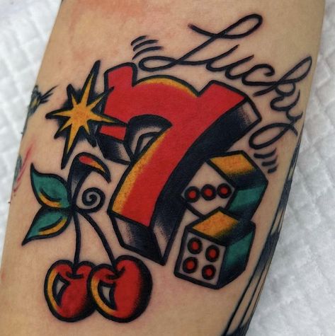 Traditional Tattoo Writing, Slot Tattoo, Seven Tattoo, Tattoo Writing, Casino Tattoo, Lucky Tattoo, Luck Tattoo, Tramp Stamp Tattoos, Vegas Tattoo