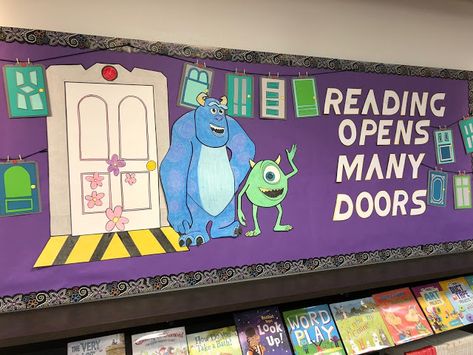 Disney Pixar Classroom Theme, Energy Express Themes, Disney Themed Elementary Classroom, Disney Themed Library, Disney Theme School Decorations, Disney Reading Bulletin Boards, Book Characters Bulletin Board, Disney Classroom Ideas Bulletin Boards, Classroom Library Bulletin Board Ideas