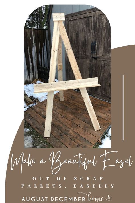 MAKE A BEAUTIFUL EASEL OUT OF SCRAP PALLETS Diy Floor Easel Stand, Easel Tv Stand Diy, Sign Stands Diy Display Ideas, Diy Wedding Easel, Easel Stand Diy, Diy Wood Easel Stand, Pallet Picture Display, Wedding Easel, Diy Whiteboard