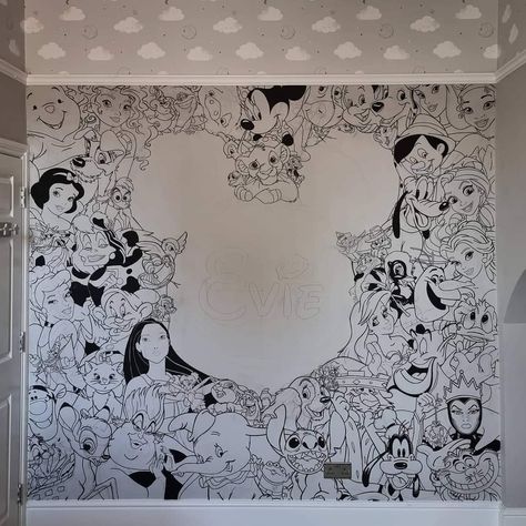 Disney Bedroom Wall, Disney Feature Wall, Disney Wall Murals Bedroom, Teen Disney Bedroom, Disney Wall Murals Diy, Disney Wall Painting Ideas, Disney Mural Bedroom, Disney Bedrooms Kids, Disney Wall Painting