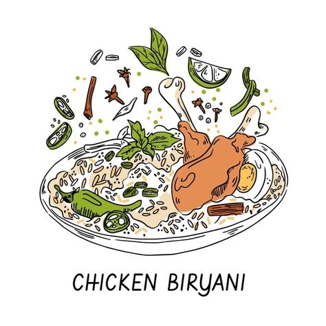 Biryani Illustration Art, Biryani Drawing, Biryani Illustration, Biryani Branding, Biriyani Logo, Indian Food Items, Indian Food Photography, Chicken Cooking, Recipe Drawing