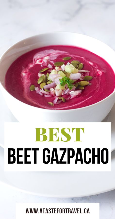 Fresh summer beet gazpacho in a white bowl. Beet Gazpacho, Cold Beet Soup, Light Soup, Cold Soup Recipes, Strawberry Soup, Shelled Pumpkin Seeds, Gazpacho Soup, Cucumber Onion, Beetroot Soup