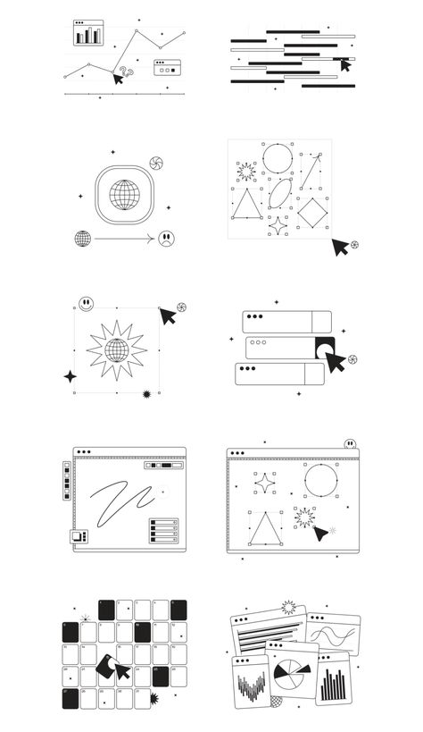 Application Presentation, Cartoon Website, Web Animation, Portfolio Booklet, Creative Banners, Outline Illustration, Outline Designs, Adobe Premiere Pro, Black And White Illustration