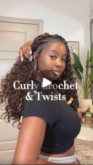 Anne Audrey on Instagram: "New Weekend New Hairdo 💗 Curly Crochet & Twist using @trendytresses1 Goddess Curls. Hair link in bio ✨ . . . . . . . . . . . . . . #crochethairstyles #curlycrochet #summerhairgoals #twists #crochettwist" Short Twisted Hairstyles, Goddess Twists With Curls, Crochet Hairstyles For Black Women Ideas, Bohemian Twist With Curls, Gogo Curl Crochet Hairstyles, Twists In Front Curls In Back, Short Senegalese Twist With Curly Ends, How To Style Crochet Hair, Cuban Twists Hairstyles