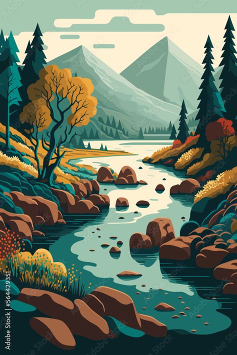 River Flow, Cave Drawings, Wildlife Day, Mountain Background, Polygon Art, Mountain Illustration, View Landscape, Floral Wallpaper Phone, River Art