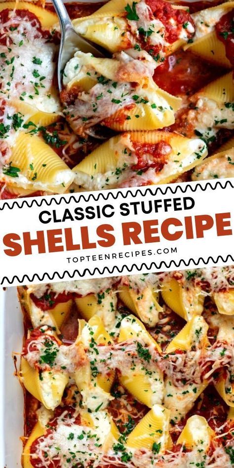 The filling in these four cheese-stuffed shells is creamy and somewhat sweet, which pairs perfectly well with Marinara sauce. 4 cheese-stuffed shells are easy to make and look impressive when presented at the table. Nothing says Italian like hot cheese stuffed shells bathed in marinara sauce and topped with melted gooey cheese! Ricotta Cheese Stuffed Shells, Recipes By Ingredients, Shell Pasta Recipes, Shells Recipe, Cheese Stuffed Shells, Hot Cheese, Filled Pasta, Stuffed Shells Recipe, Pasta Dinner Recipes