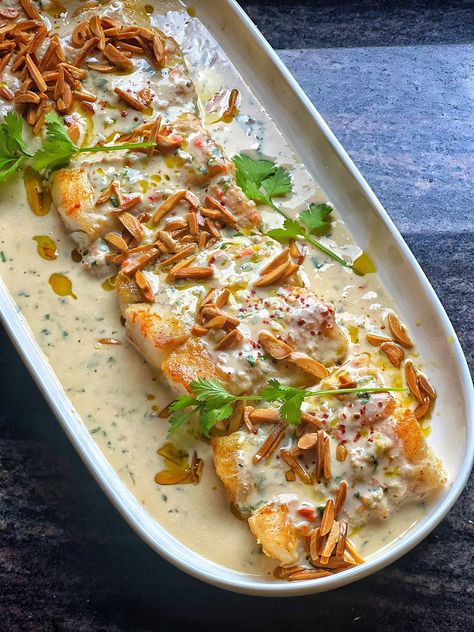 Samke Harra 'Spicy Fish Fillets in Tahini' Raw Prawns, Ghee Butter, Fish Fillets, Chilli Paste, Tahini Sauce, Island Food, White Fish, Lebanese Recipes, Oven Dishes