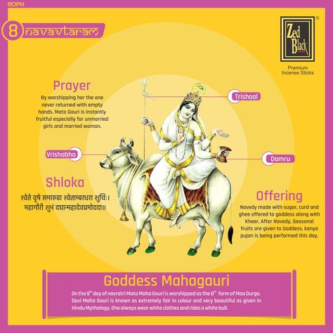 Goddess Mahagauri - never let anyone return empty handed #Zedblack #Incense #PrarthnaHogiSweekar #HappyNavratri Goddess Mahagauri, Navratri Day 8, Maa Mahagauri, Navratri Goddess, Navratri Devi, Navratri Devi Images, Nav Durga, Good Morning Messages Friends, Adi Shakti