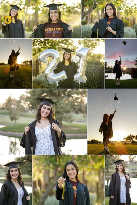 graduating senior girl wearing cap & gown, showing off ASU college t-shirt, and throwing graduation cap at sunset Grade 12 Graduation Pictures, Senior Cap N Gown Pictures, Graduation Picture Ideas Outdoors, Graduation Pictures At Park, Cap Gown Senior Pictures Outside, Graduation Ceremony Pictures, Diy Graduation Pictures, Outdoor Cap And Gown Pictures, Western Cap And Gown Senior Pictures