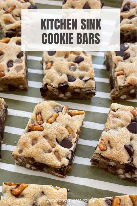 Kitchen Sink Chocolate Chip Cookies, Kitchen Sink Cookie Recipes, Everything But The Kitchen Sink Bars, Kitchen Sink Bars Recipe, Everything Under The Sink Cookies, Everything But The Kitchen Sink Recipes, Kitchen Sink Cookie Bars, Cookie Add Ins, Everything But The Kitchen Sink Cookies