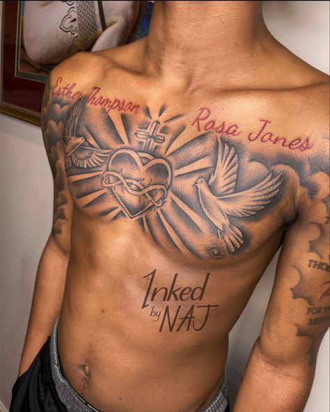 Chest Shading Tattoo, Men Cheat Tatoos, Men's Tattoo Ideas Chest, Cloud Chest Tattoo Men, No Love Tattoo Men, Men's Chest Tattoo Ideas, Half Chest Tattoo Men, Tattoo Clouds Shading, Chest Tattoo Men Ideas Black Man