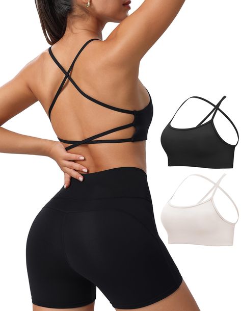 PRICES MAY VARY. Cross backless design: Spaghetti straps cross backless navel design, sexy fashion, fresh and breathable. Removable padded: Easy to clean, flexibility and comfort. Skin friendly fabric: 75% Nylon+25% Spandex, high elastic sports fabric, four-way stretch,seamless sports bra. Multi-color options: Including classic black,simple white, dynamic wine red, fresh green and mild blue, antique brown, meet the needs of different occasions and moods Light support: Suitable for yoga,swim, pil Open Back Bra, Oversized Sweatpants, Sports Fabric, Baggy T-shirt, Yoga Crop Tops, Blue Antique, Bra For Women, Strappy Sports Bras, Lounge Lingerie