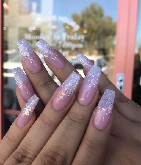 Pink To Glitter Ombre Nails, Classy Pink Nails Glitter, Nails White Pink Ombre, Sparkly Birthday Acrylic Nails, Pink Ombre Glitter Acrylic Nails, Pink Sparkly Acrylic Nails Glitter, Winter Glitter Nails Acrylic, Pink Ombre Nails With Glitter, Glitter Ombre Nails Coffin