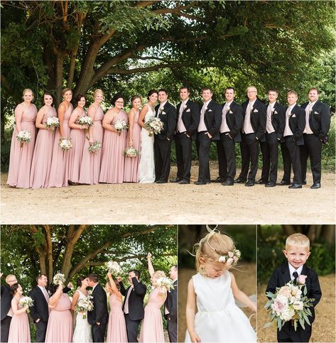 Pink Bridesmaids Dress and Black Suits | Maddie Peschong Photography Dusty Rose Bridesmaid Dress Groomsmen, Black And Blush Groomsmen Attire, Groomsmen Attire Black And Pink, Wedding Colors With Black Suits, Black And Pink Groomsmen, Black And Dusty Pink Wedding, Black And Pink Bridal Party, Dusty Pink Groomsmen Attire, Blush Pink Groomsmen Attire