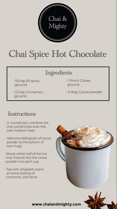 Spice Hot Chocolate, Chai Tea Recipe, Tea Latte Recipe, Hot Drinks Recipes, Tea Drink Recipes, Cozy Drinks, Warm Drinks, Chai Spice, Chocolate Recipe