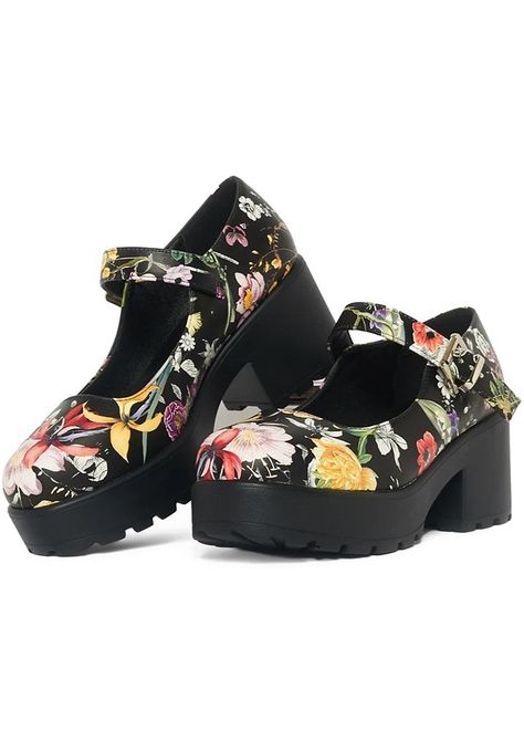 Gothic High Heels, Gothic Heels, Koi Footwear, 2023 Clothing, Floral Textile, Attitude Clothing, Black Iris, St Helena, Black Floral Print