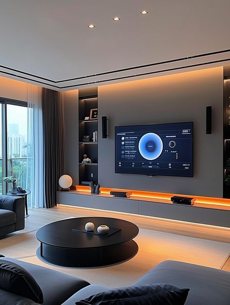 Modern Lux Interior Design, Orange Black Living Room, Modern House Design Living Room, Black And Gray Living Room Decor, Black And Orange Living Room, Luxury Apartment Living Room, Round Black Coffee Table, Orange Lighting, Luxury Sofa Living Room