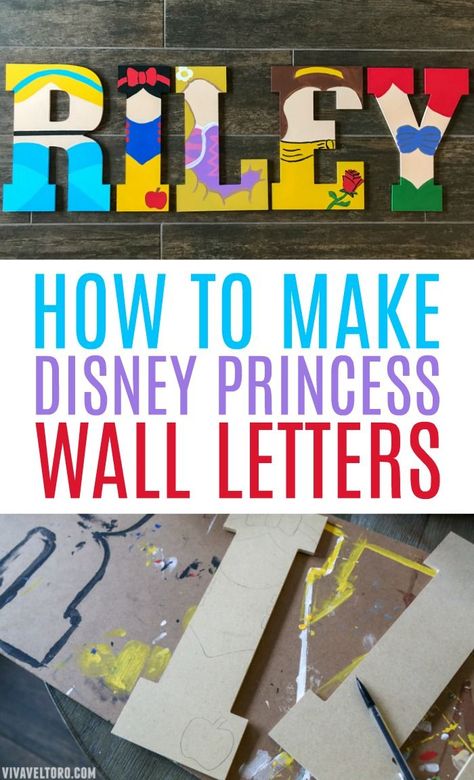 Make your own Disney Princess Wall Decor by creating custom Disney Princess wall letters for your little one's princess bedroom. Letters Diy Decorative, Create Letters Wall Art, Princess Diy Party Decorations, Disney Princess Alphabet Letters, Princess Name Letters, Diy Disney Princess Room Decor, Princess Letters Alphabet, Disney Princess Room Ideas Toddler, Disney Princess Wall Decor