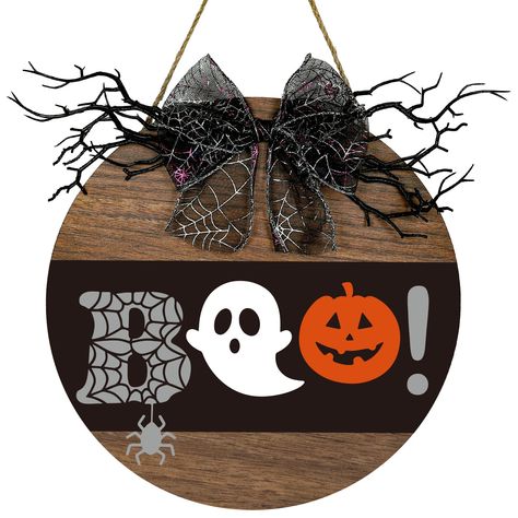 PRICES MAY VARY. Halloween Design - 1pcs wooden sign is included in the package, designed with the words of Boo, patterned with ghost and pumpkin against wood grain background, embellished with small branched and bow, rustic and retro. With a hemp for hanging, very easy to use. Proper Size - The wooden sign is about 12 x 12 inch, proper size for your front door, window, wall, etc., bring vitality into your home and party. Good Material - Made of durable wood, close to nature, safe and odorless, Boo Door Hanger, Halloween Plaque, Halloween Door Hanger, Welcome Signs Front Door, Halloween Wood Crafts, Homemade Halloween Decorations, Halloween Door Hangers, Home Window, Round Wood Sign