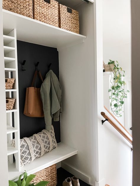 Easy closet transformation instantly creating more space and function! I finished this home DIY project in just one weekend! Diy Nightstand Cheap, Hall Closet Turned Mudroom, Converting Hallway Closet, Entry Way Functional, No Mudroom Solution, Diy Hall Closet, Convert Closet To Mudroom, Front Door Closet Ideas Entryway, Small Entryway Closet Ideas