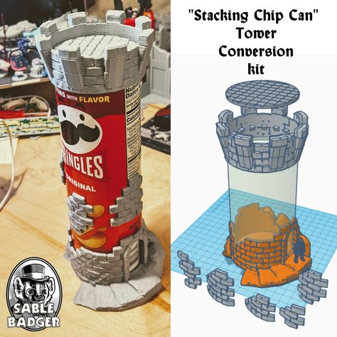 Make a tower from used pringles-cans. Re-use those pringles-cans and make them into buildings for your next war-game! 3d-printed add -ons to be used as a kit. The tower does not have an interior. Perfect for dioramas, war-games or skirmish adventures. Miniatures are used for scale are not included in this purchase. 3d print to order in PLA color of choice. The set includes a single building. 👇PLEASE READ BELOW BEFORE ORDER 🤺 Pictures are example prints only, Miniatures and furniture are used f D D Miniatures, D&d Crafts, Dnd Diorama, Dnd Miniatures Diy, Diy Dice Tower, How To Make Mini Stuff, Prop Building, Noxus League Of Legends, Dnd Diy