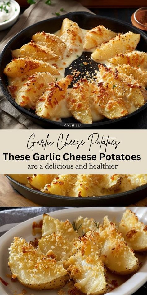 Garlic Cheese Potatoes Ingredients: 750g potatoes 1 tablespoon salt (for soaking) 2 tablespoons olive oil 30-40g Parmesan cheese 2 tablespoons corn starch or potato starch (optional) 1/2 tablespoon oregano 1 teaspoon red pepper powder A little salt (to taste) 1 teaspoon minced garlic 40g bread crumbs #BakedPotato #GarlicCheese Garlic Cheese Potatoes, Red Potato Side Dishes, Garlic Parm Potatoes, Jacked Potatoes, Sausage And Potato Bake, Vegetable Bake Recipes, Cream Cheese Potatoes, Potatoes Baked, Garlic Potatoes