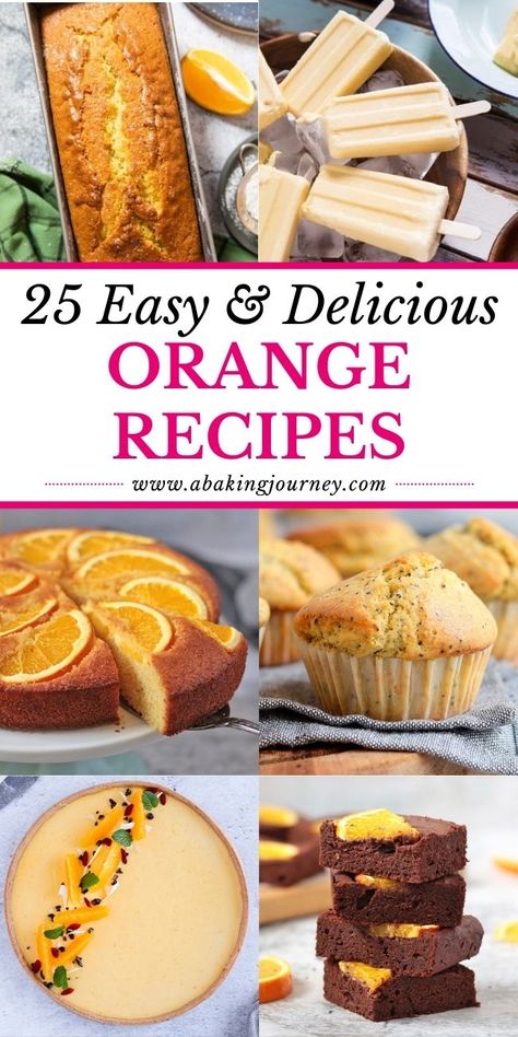 These 25 quick, healthy or easy orange dessert recipes are all the inspiration you need to bake with orange this Fall and Winter! These delicious simple recipes using fresh orange will give you ideas to bake for breakfast, cakes, desserts, sweet treats and orange chocolate desserts. What To Make With Oranges Simple, Desserts Using Fresh Oranges, Orange Fruit Recipes, Recipes Using Fresh Oranges, Easy Orange Dessert Recipes, Orange Baked Goods, Recipes With Fresh Oranges, Desserts With Oranges, Fresh Orange Recipes